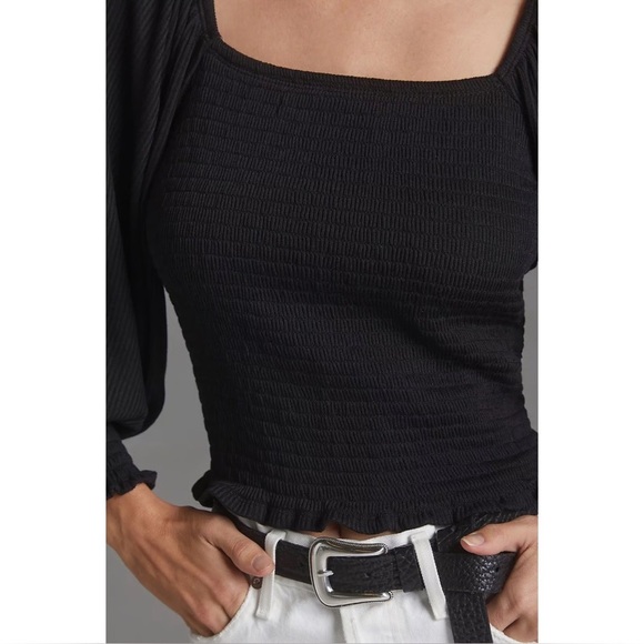 Anthropologie Smocked Puff Sleeve Black Top (Size XS) - Picture 3 of 11